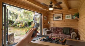 Reversible blade garden room ceiling fan circulating warm air during chilly UK winter months.