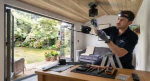 Traditional timber-finish ceiling fan complementing a rustic log cabin garden room interior.