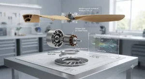 Exploded view showing the aerodynamic blade design and balanced pitch of a high-efficiency inverter ceiling fan.
