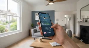 Smartphone app and remote control displaying summer and winter settings for a smart BLDC ceiling fan.