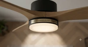 Dimmable integrated LED light kit on a modern BLDC ceiling fan providing energy-saving illumination.