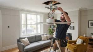 Electrician fitting a lightweight DC motor ceiling fan bracket to a standard UK ceiling joist and wiring setup.