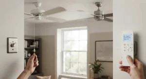 Multi-speed remote control unit for a modern DC motor ceiling fan alongside a traditional 3-speed pull-cord switch for an AC fan.