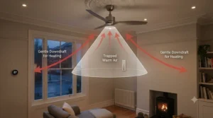 Diagram showing a ceiling fan operating in reverse winter mode to circulate trapped warm air downward and improve central heating efficiency.