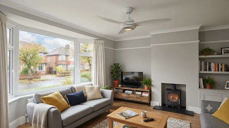Modern ceiling fan with heating mode installed in a British living room, offering year-round climate control and energy efficiency. ceiling fan with heating mode