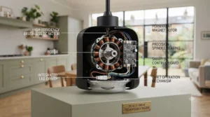 Cutaway view of an energy-efficient DC motor inside a large room ceiling fan showing quiet operation.