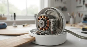 Diagram showing the ultra-low-wattage DC motor mechanism inside an eco-friendly ceiling fan.