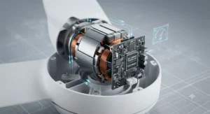 Close-up of a high-efficiency DC motor inside a modern energy saving ceiling fan.
