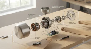 Close-up view of the energy-efficient DC motor inside a modern low wattage ceiling fan.