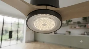 Close-up of an integrated dimmable LED light fitting on a modern energy-saving ceiling fan.