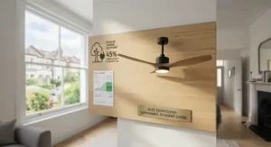 Eco-friendly graphic highlighting low energy consumption and reduced electricity bills with a BLDC ceiling fan.