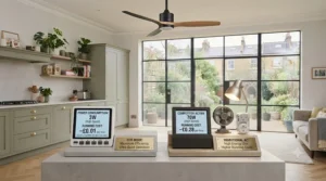 Infographic comparing the low energy consumption and running costs of an eco ceiling fan versus traditional air conditioning.