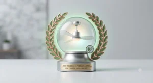 Sustainability icon representing low carbon emissions and electricity savings from a modern ceiling fan.