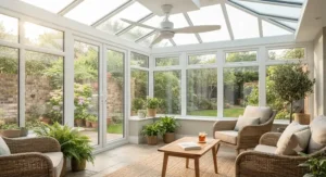 Energy saving ceiling fan cooling a bright glass conservatory on a warm summer afternoon.