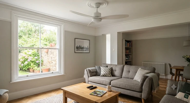 Modern energy saving ceiling fan installed in a contemporary British living room to reduce electricity bills. energy saving ceiling fan