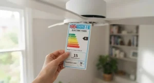Detailed view of variable speed settings and remote control for an energy-efficient home ceiling fan.