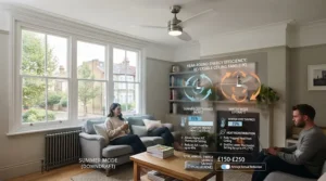 Infographic highlighting energy-saving benefits and lower electricity costs when using reversible ceiling fans in UK homes.
