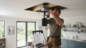 Electrician securely mounting a variable-speed DC ceiling fan bracket to a reinforced ceiling joist during home installation.