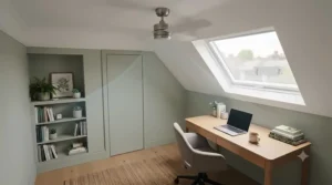 Flush-mount reversible ceiling fan designed for British properties with low ceilings and compact rooms.