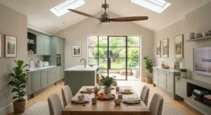 Large-blade timber-finish inverter ceiling fan hanging in an open-plan kitchen diner extension.