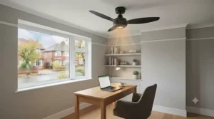 Low-profile ceiling fan with heating mode designed for British homes with standard or lower ceiling heights.
