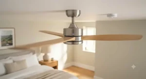 Low-profile flush mount inverter ceiling fan fitted in a UK bedroom with standard ceiling height.