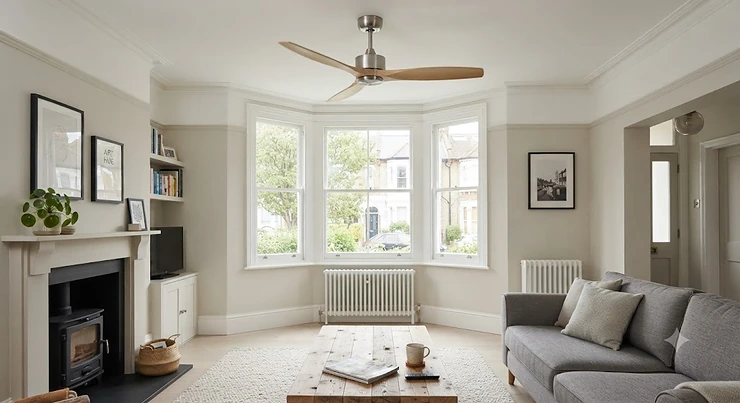 Modern low wattage ceiling fan installed in a contemporary British living room, helping to lower energy bills. low wattage ceiling fan