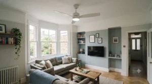 Stylish, minimalist A++ rated ceiling fan fitted in a modern open-plan British kitchen-diner.