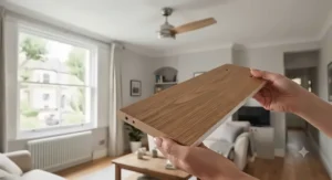 Close-up of reversible wooden ceiling fan blades showing dual-finish options for interior styling.