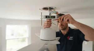A tradesperson safely installing a low-profile, eco-friendly ceiling fan on a standard UK ceiling height.
