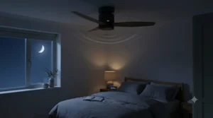 Peaceful bedroom lit by bedside lighting, highlighting the ultra-silent operation of a variable-speed DC ceiling fan on low night mode.