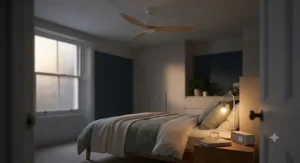 Quiet eco-friendly ceiling fan installed in a modern British bedroom for comfortable night-time sleeping.