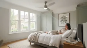 Quiet, low-profile reversible ceiling fan with integrated lighting fitted in a UK master bedroom.
