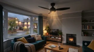 Reversible ceiling fan with heating mode switched on for an autumn evening in a warmly lit British apartment.