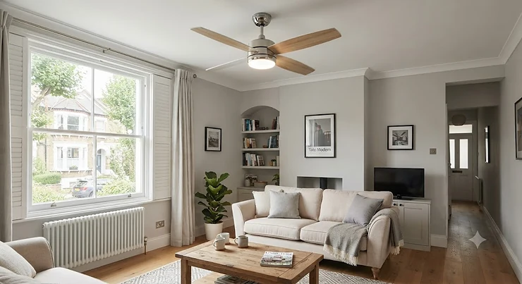 Stylish reversible ceiling fan installed in a modern British living room, providing year-round climate control. reversible ceiling fan for living room