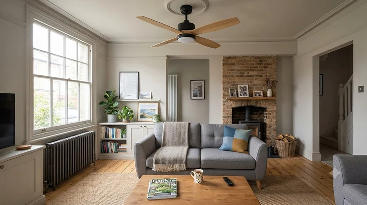 Modern reversible ceiling fan installed in a British living room, providing year-round climate control. reversible ceiling fan