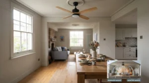 Hand holding a remote control adjusting the speed and direction of a reversible ceiling fan.