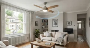 Reversible ceiling fan spinning anti-clockwise to create a cool breeze in a contemporary living space during summer.