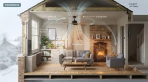 Diagram showing a reversible ceiling fan rotating clockwise in winter mode to push warm air down.