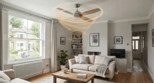 Low-speed reversible ceiling fan rotating clockwise to circulate warm air down from the ceiling in winter.
