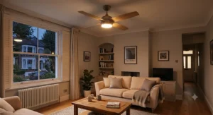 Illuminated reversible ceiling fan with energy-efficient LED light fixture brightening a cosy sitting room.