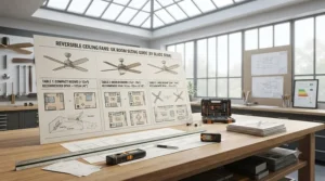 Room size and blade span guide chart for choosing the right reversible ceiling fan for UK room dimensions.