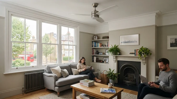 Modern reversible ceiling fan installed in a contemporary British living room, circulating air efficiently year-round. reversible ceiling fans