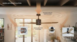 Diagram illustrating the winter reverse function of a variable-speed DC ceiling fan recirculating warm air down from the ceiling.