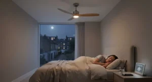 Quiet low wattage ceiling fan fitted in a UK bedroom, designed for silent operation and energy-saving nighttime cooling.