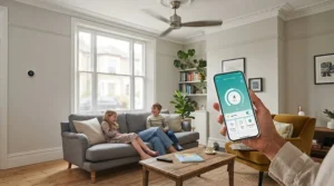Smartphone app interface controlling a smart-enabled DC motor ceiling fan in a contemporary British living room.