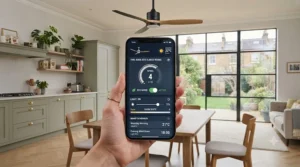 Smartphone app interface and remote control managing airflow settings for an eco ceiling fan.