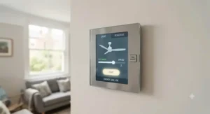 A sleek ceiling fan integrated with a smart home thermostat panel to optimise energy use.