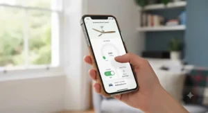 Smartphone app controlling an energy-saving eco-friendly ceiling fan for smart home automation.