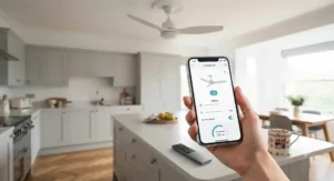 Smartphone app and remote control used to adjust a smart energy saving ceiling fan.